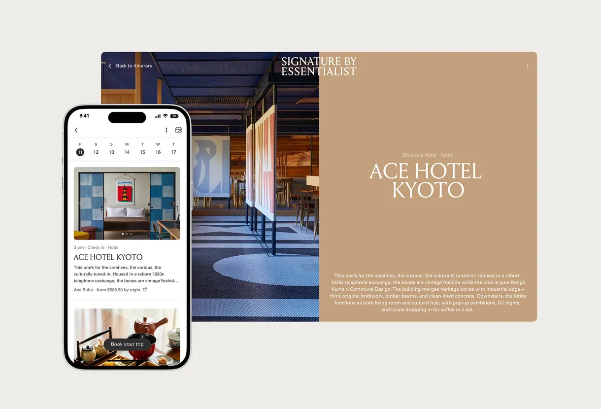 Hard cover of "The Travel Collection" by Essentialist, with dark characters over a yellow cover.