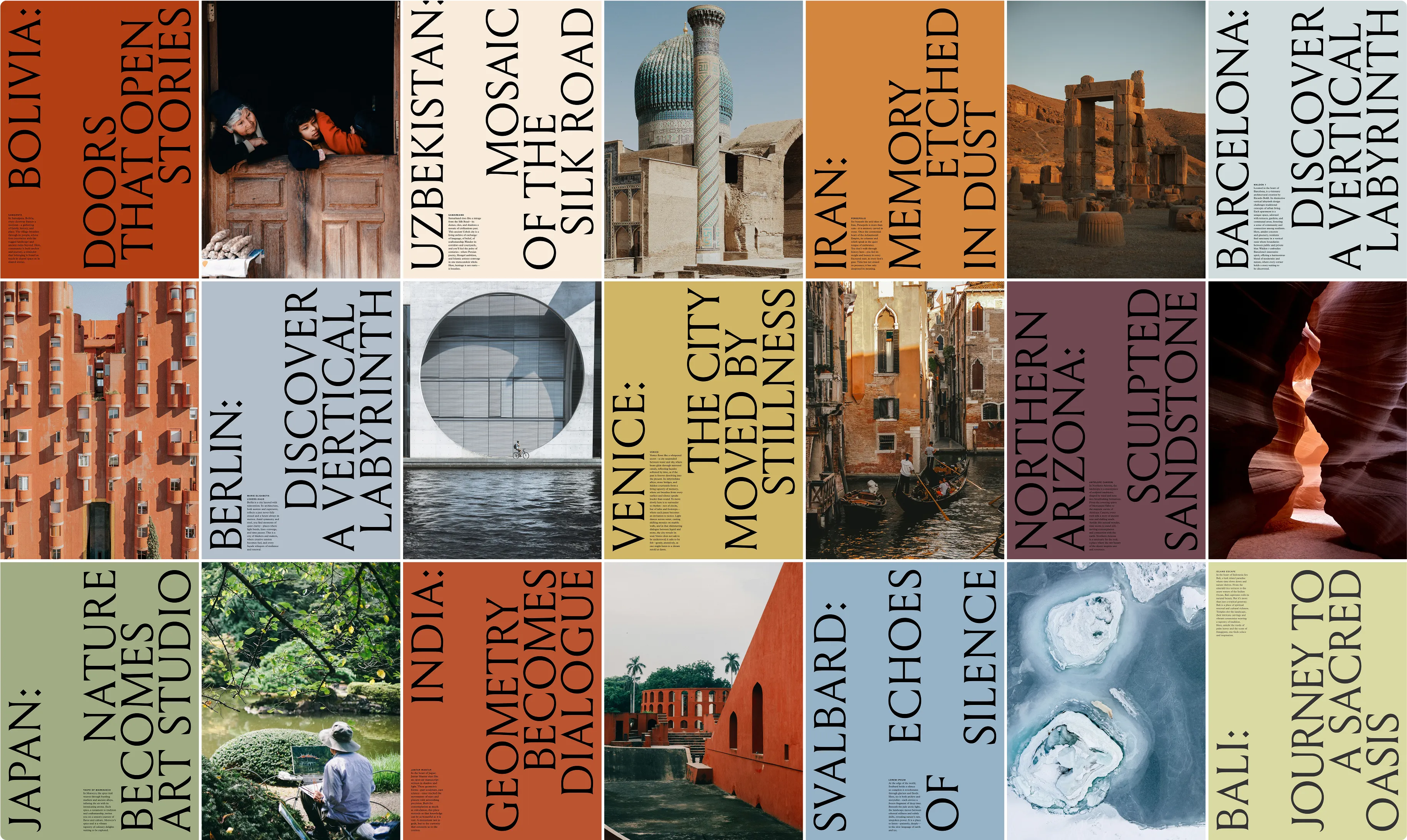 Photos of different locations showcasing exclusive experiences and local people, along with their locations.