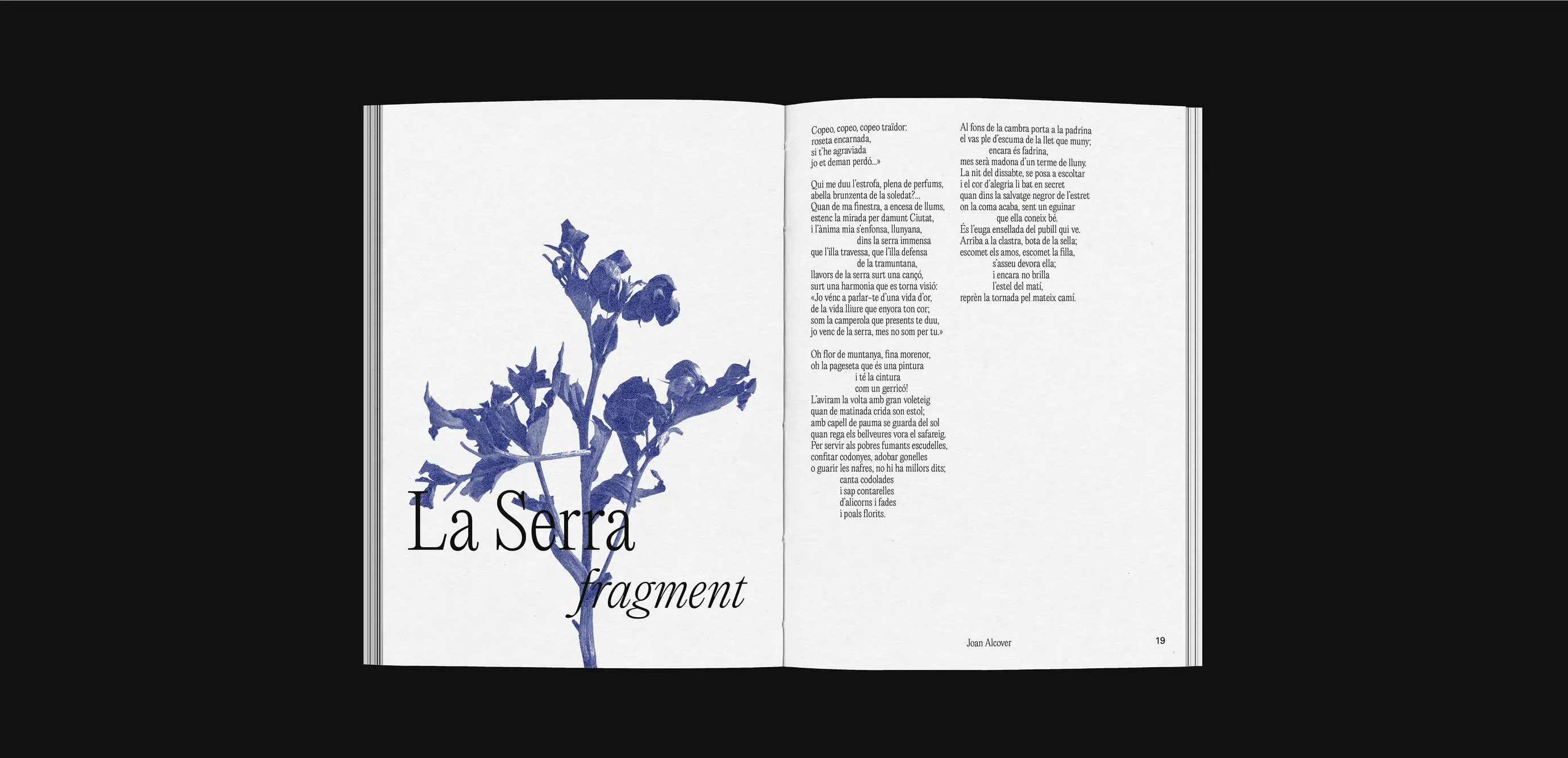 Extract from the Joan Alcover book project. The left page shows a blue flower with the text 'La Serra fragment'. The right one shows a fragment of the poem 'La serra' by Joan Alcover.