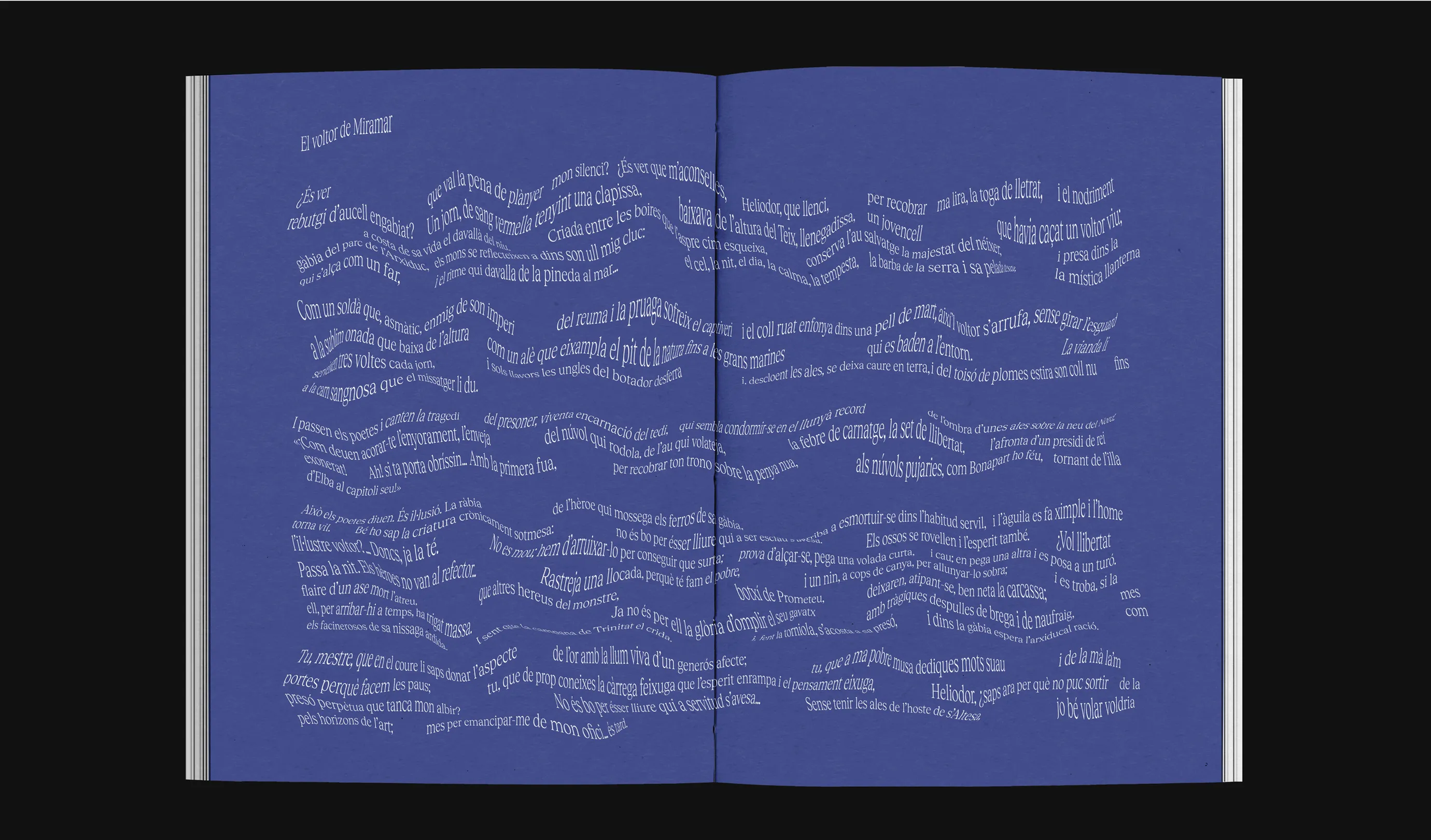 Extract from the Joan Alcover book, where two blue pages with white letters moving floating like waves can be seen.